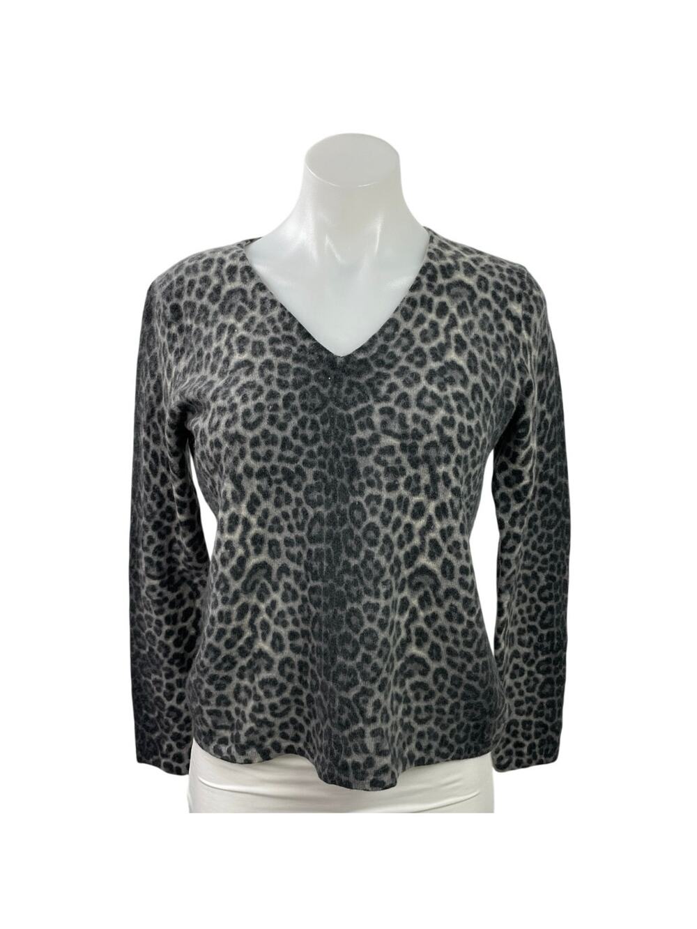 Saks Fifth Avenue Black Gray 100% Cashmere Leopard Long Sleeve Sweater Size L